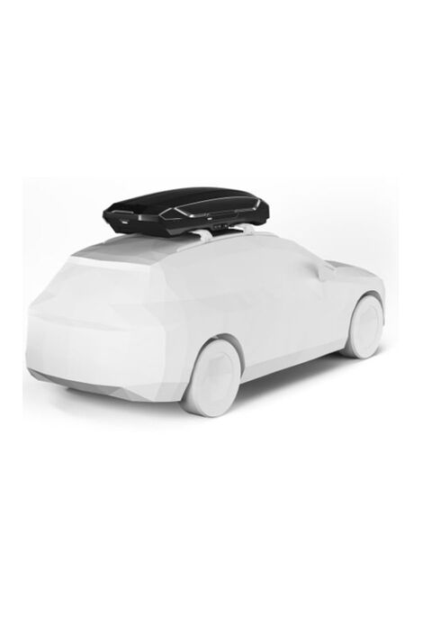 Modell eines weißen Autos an dessen Dach eine schwarze Dachbox montiert ist