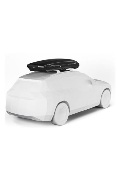 Modell eines weißen Autos an dessen Dach eine flache, schwarze Dachbox montiert ist