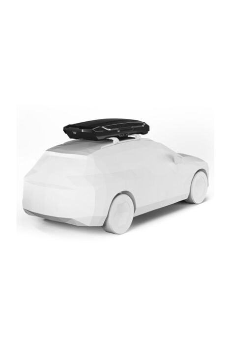 Modell eines weißen Autos an dessen Dach eine flache, schwarze Dachbox montiert ist