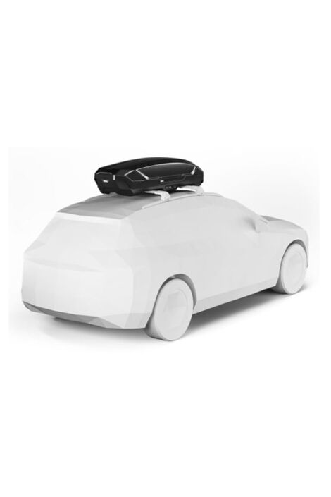 Modell eines weißen Autos an dessen Dach eine schwarze Dachbox montiert ist