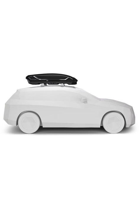 16379 L black 2g Seitenprofil  eines weißen Modellautos auf dessen Dach eine schwarze Dachbox angebracht ist