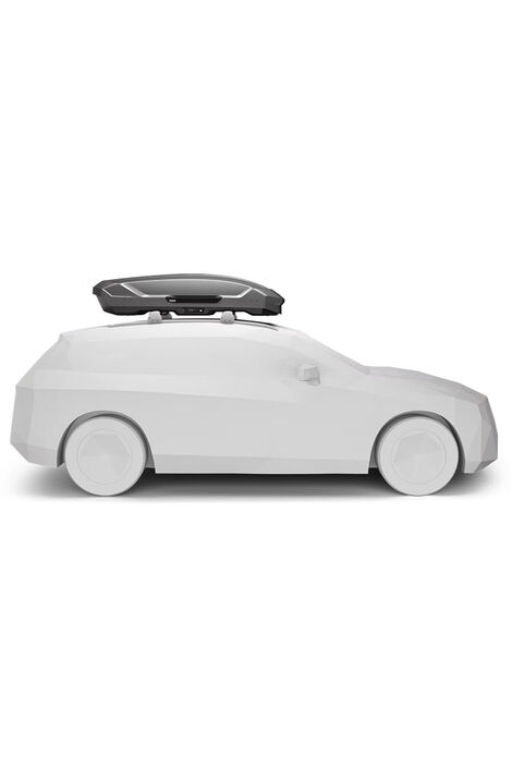 Seitenprofil  eines weißen Modellautos auf dessen Dach eine Titan-farbene Dachbox angebracht ist