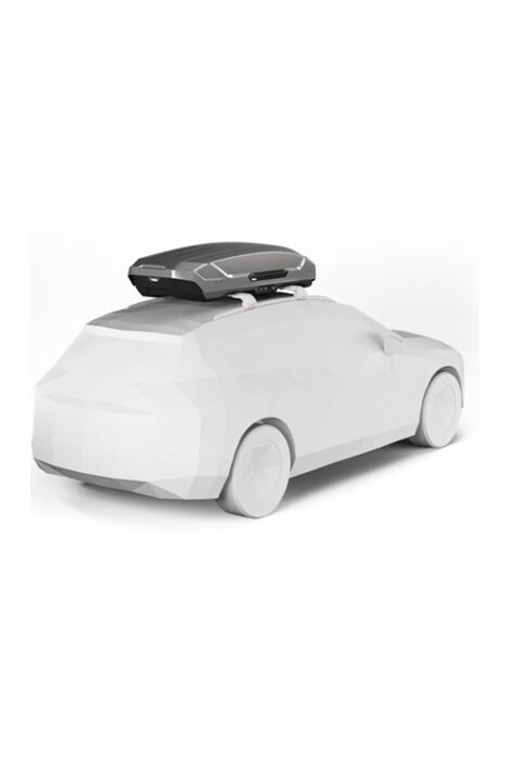 Modell eines weißen Autos an dessen Dach eine titan-farbene Dachbox montiert ist