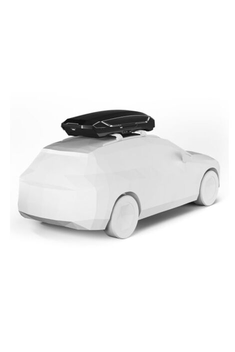 Modell eines weißen Autos an dessen Dach eine schwarze Dachbox montiert ist