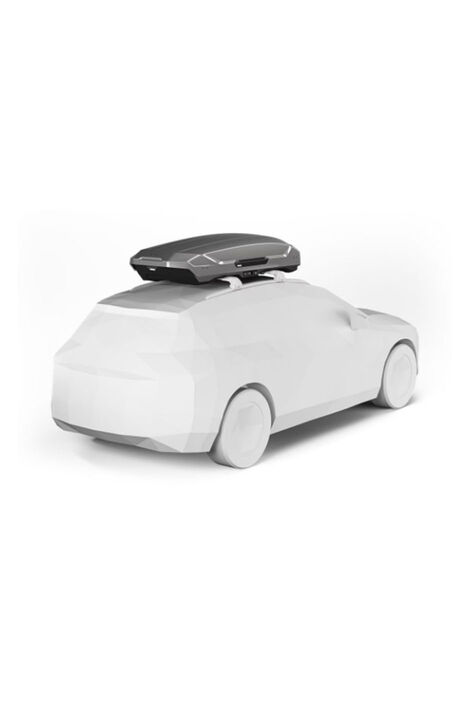 Modell eines weißen Autos an dessen Dach eine Titan-farbene Dachbox montiert ist