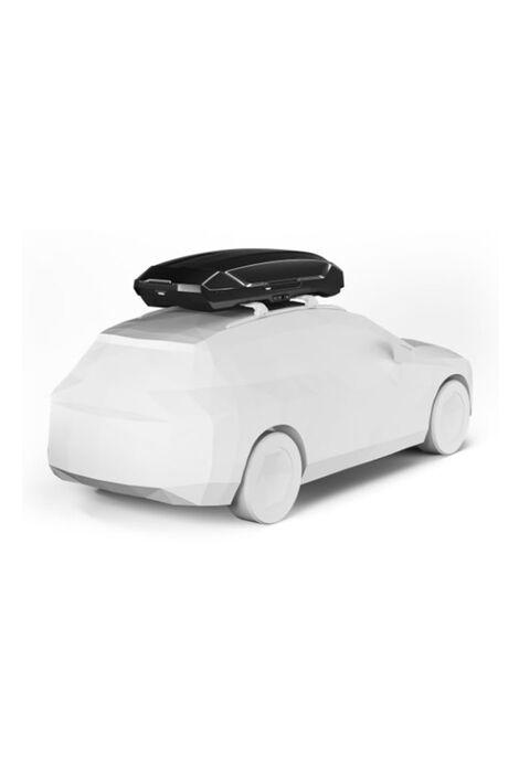 Modell eines weißen Autos an dessen Dach eine schwarze Dachbox montiert ist