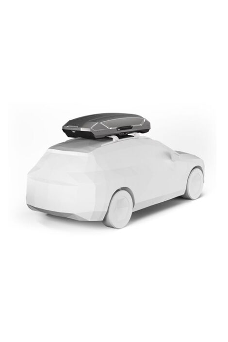 Auf dem Dach eines weißen Modellautos sieht man die montierte Dachbox