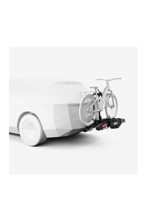 16805 Easyfold3 2 Bikes 2 g Modell eines weißen Autos an dem ein Fahrradträger montiert ist und ein weißes Fahrrad sichert.