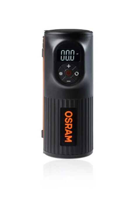 Schwarze Reifenpumpe mit digitaler Anzeige und Druckknöpfen. Oranger OSRAM Schriftzug.