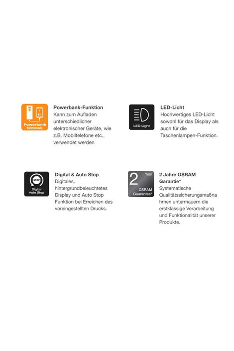 Übersicht über besondere Funktionen des Produktes. Unteranderem LED-Licht, Digitales und Auto Stop, Powerbank-Funktion und 2 Jahre OSRAM Garantie