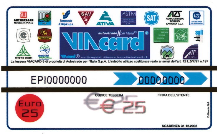 Eine Viacard mit der Aufschrift "VIACARD 25'"von Autostrade d'Italia auf einem weißen Hintergrund.