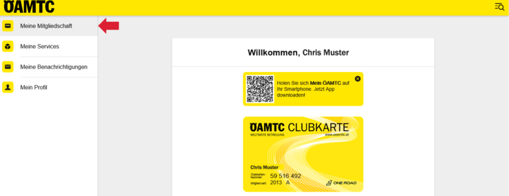 Startseite nach dem Log In zum eigenen "Mein ÖAMTC" Account.