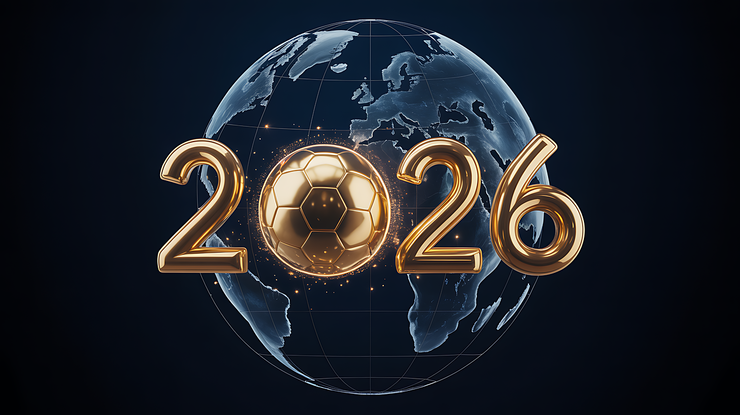 Das foto zeigt die Jahreszahl 2026 in goldener Farbe, wobei die Null durch einen Fußball symbolisiert wird. Hinter der Jahreszahl ist die Weltkugel zu sehen.