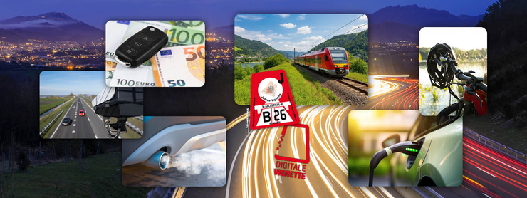Eine Collage mit Bildern von verschiedenen Fahrzeugen (Autos, Fahrrad, Bahn u.a.) bzw. Bilder der österreichischen Vignetten für 2026. Im Hintergrund eine nächtliche Autobahn.