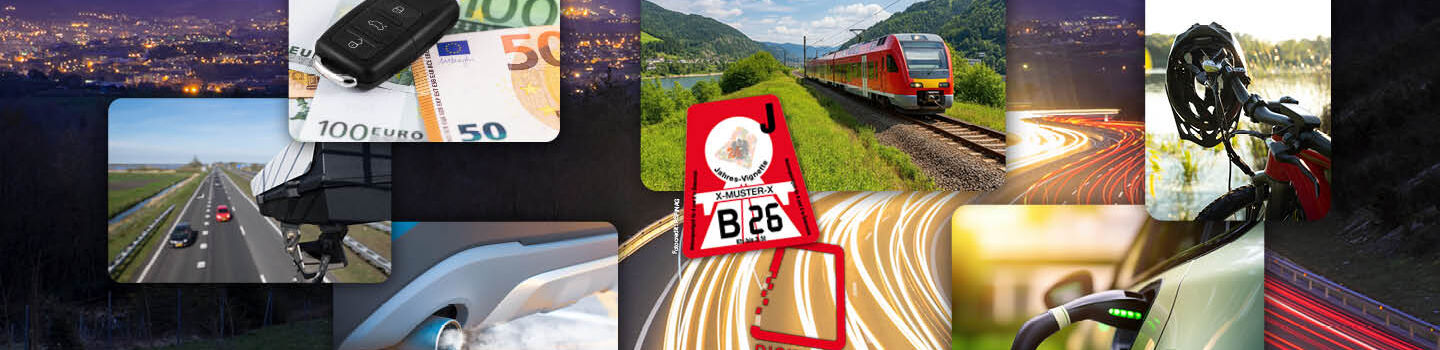 Eine Collage mit Bildern von verschiedenen Fahrzeugen (Autos, Fahrrad, Bahn u.a.) bzw. Bilder der österreichischen Vignetten für 2026. Im Hintergrund eine nächtliche Autobahn.