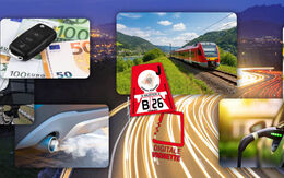 Eine Collage mit Bildern von verschiedenen Fahrzeugen (Autos, Fahrrad, Bahn u.a.) bzw. Bilder der österreichischen Vignetten für 2026. Im Hintergrund eine nächtliche Autobahn.