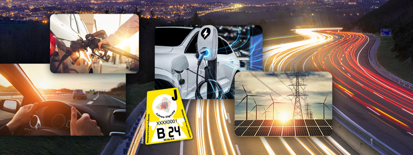 Das Bild zeigt eine symbolische Darstellung der Mobilitätswende. Im Hintergrund ist eine Autobahn bei Nacht mit hellen Lichtspuren von Fahrzeugen zu sehen. Darauf sind 5 Bilder – eine Person, die ein Auto betankt. Daneben sieht man ein Elektrofahrzeug, das an einer Ladestation angeschlossen ist. Weiter rechts ist ein Bild von Windrädern und Strommasten, weiters eine österreichische Klebevignette sowie ein Cockpit von einem Auto mit Lenker.