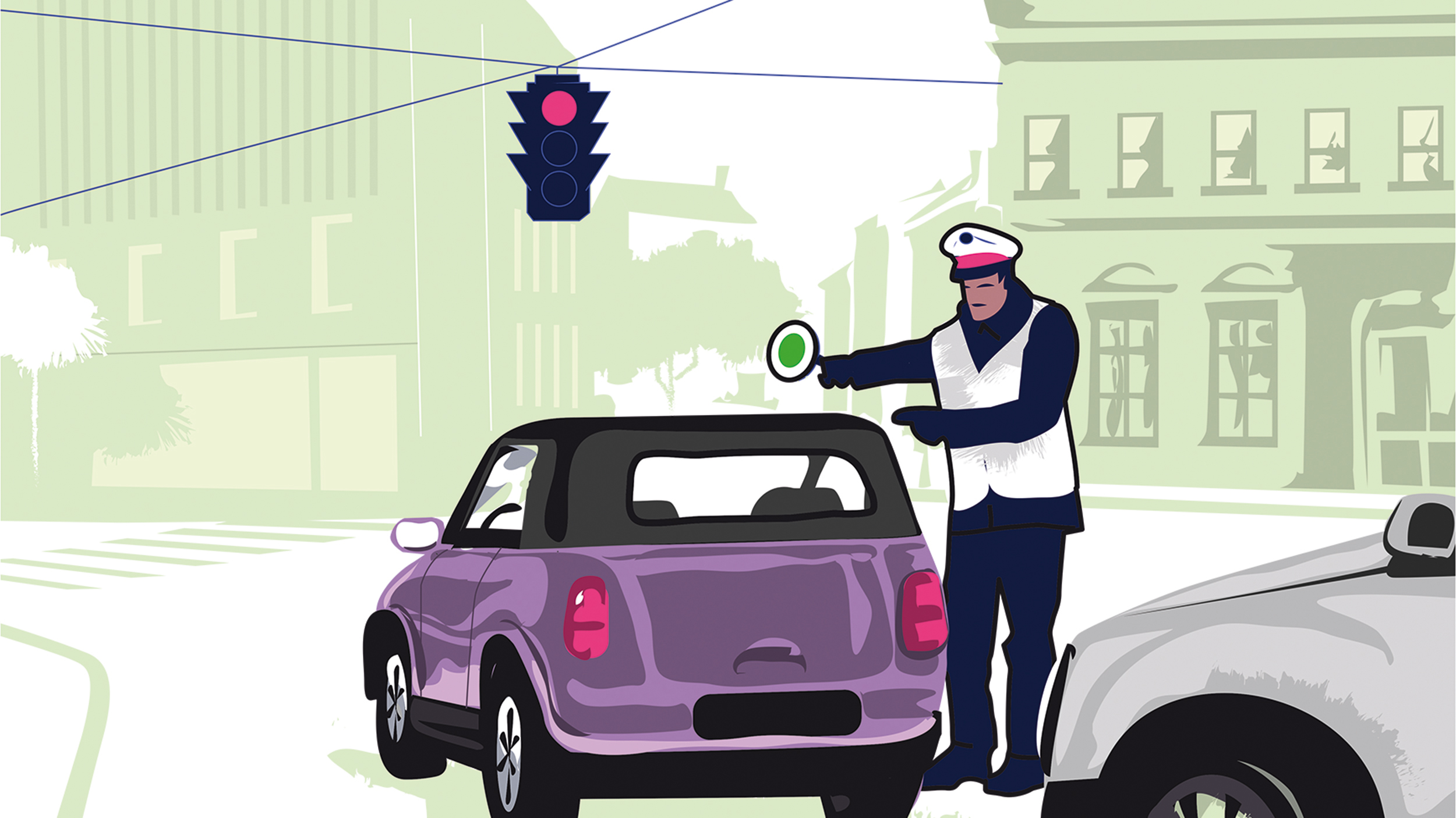 Grafik von einer Kreuzung mit roter Ampel. Davor steht ein Auto, rechts davon ein Polizist mit grüner Polizei-Kelle in der ausgestreckten rechten Hand.