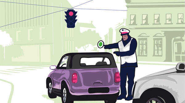 Grafik von einer Kreuzung mit roter Ampel. Davor steht ein Auto, rechts davon ein Polizist mit grüner Polizei-Kelle in der ausgestreckten rechten Hand.