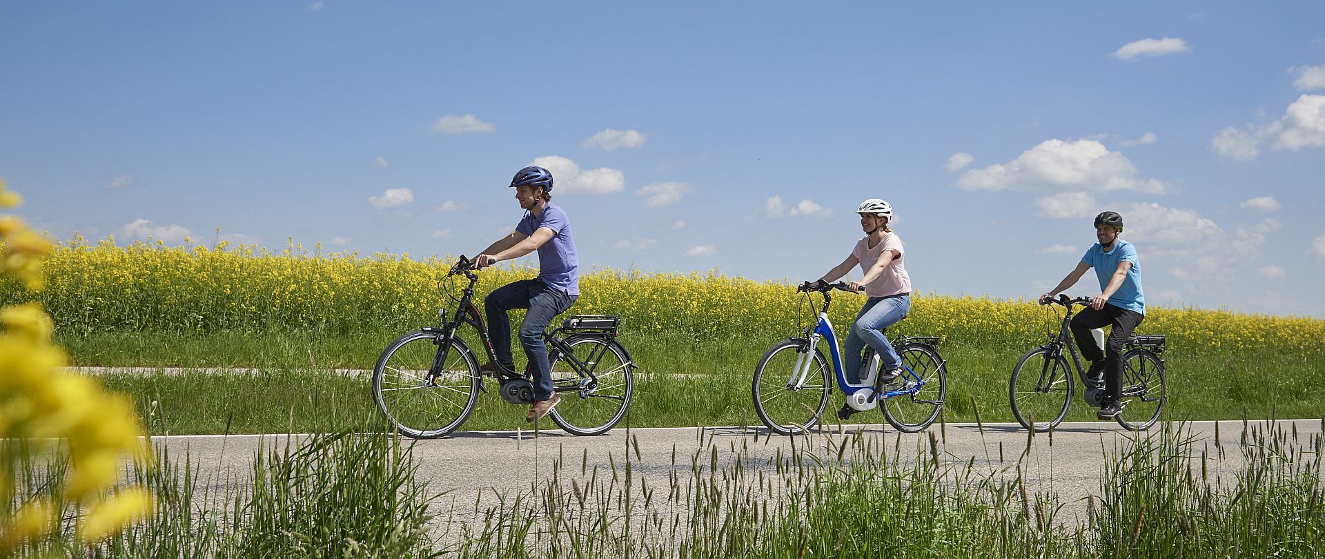 Drei Radfahrer:innen auf einem Weg im Sommer auf Pedelecs und E-Bikes vor einem blühenden Rapsfeld.