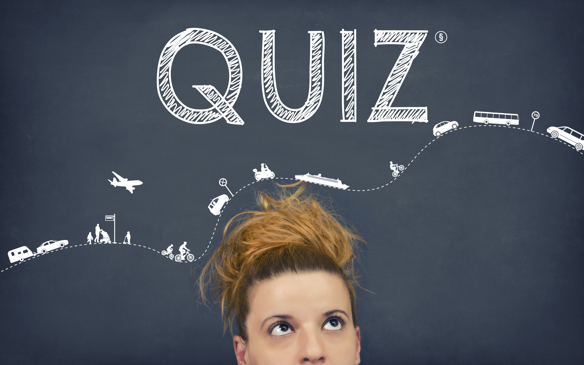 Frau vor grauem Hintergrund, im Gesicht zur Hälfte angeschnitten, sie verdreht die Augen fragend nach oben. Oben steht in weißer Schrift Quiz und es sind kleine Zeichnungen von verschiedenen Fahrzeugen in einer Kurve sichtbar.
