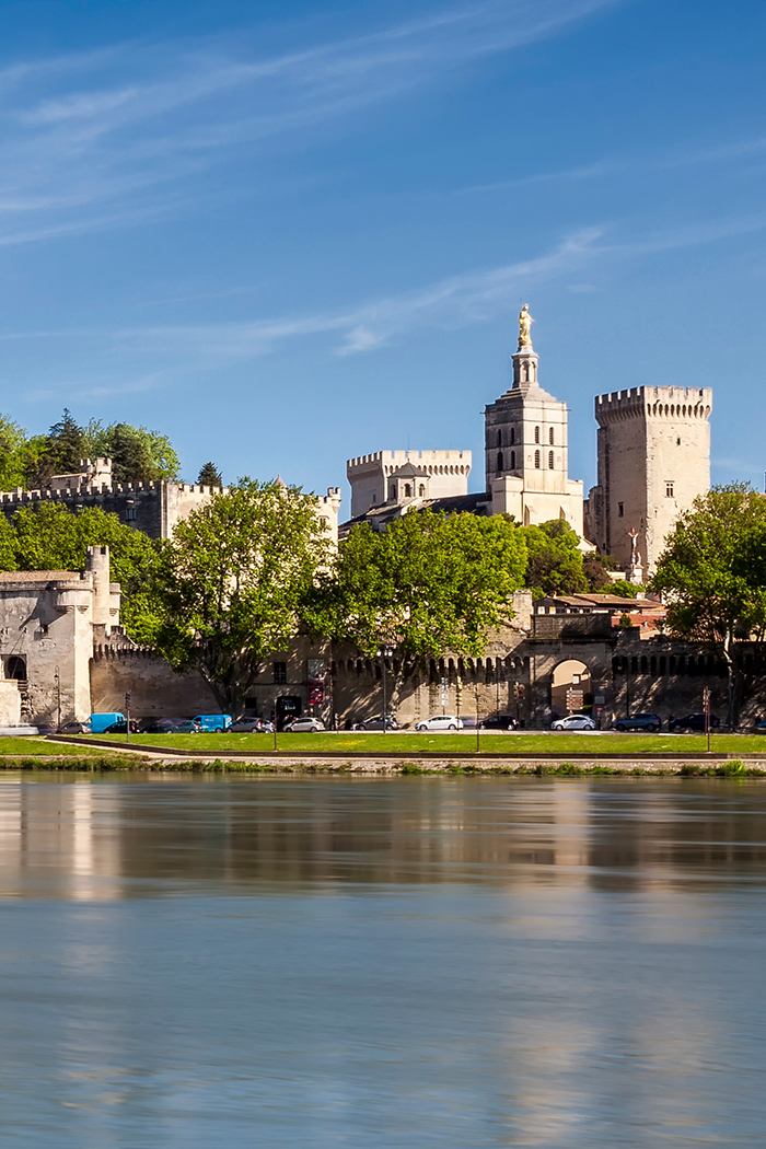Blick auf Avignon vom Rhône aus, mit der Basilika Notre-Dame des Doms und dem imposanten Papstpalast im Hintergrund