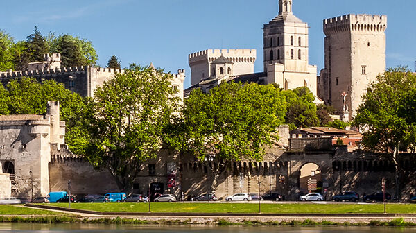 Blick auf Avignon vom Rhône aus, mit der Basilika Notre-Dame des Doms und dem imposanten Papstpalast im Hintergrund
