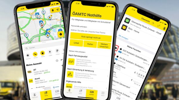 Drei Smartphone leicht verschoben übereinander. Am Display ist die ÖAMTC-App geöffnet ist. Es sind drei verschiede Funktionen der App geöffnet