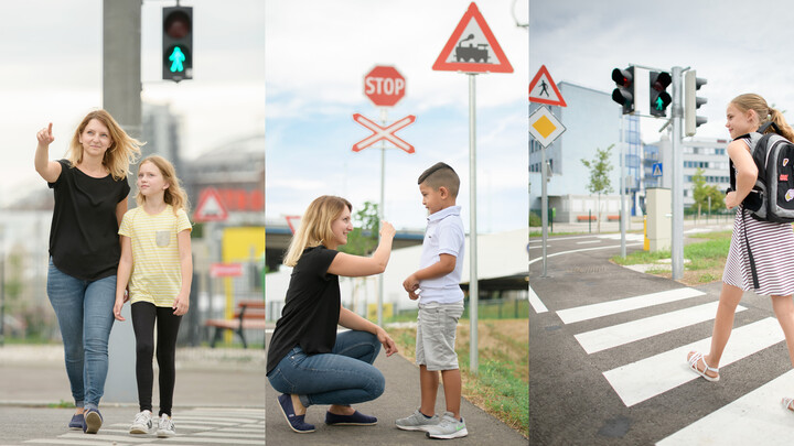 Collage aus Bildern die eine Frau und ein Schulkind am Schulweg in verschiedenen Verkehrssituationen zeigt