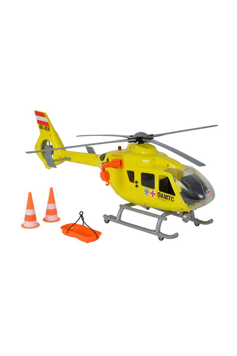 ÖAMTC Hubschrauber Spielzeug mit oranger elektrischer Seilwinde, zwei orange Verkehrshütchen und einer oranger Transportliege, die man in die Seilwinde einhängen kann.