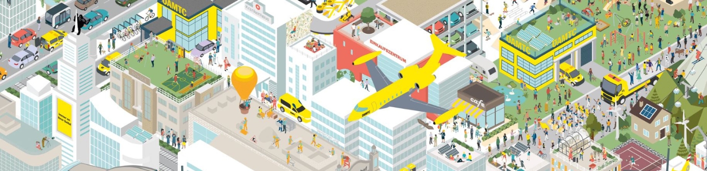 Wimmelbild- Grafik. Zu sehen ist der Ausschnitt einer Stadt aus der Vogelperspektive mit vielen kleinen Einzelheiten, unter anderem auch ÖAMTC Pannendienst, Stützpunkt und Hubschrauber.