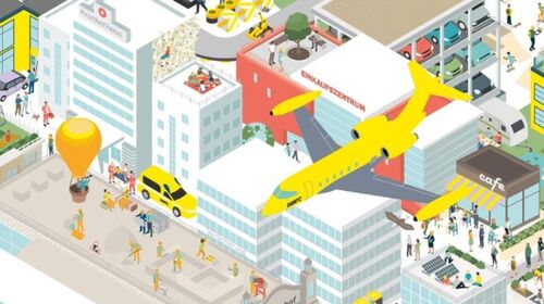 Wimmelbild- Grafik. Zu sehen ist der Ausschnitt einer Stadt aus der Vogelperspektive mit vielen kleinen Einzelheiten, unter anderem auch ÖAMTC Pannendienst, Stützpunkt und Hubschrauber.