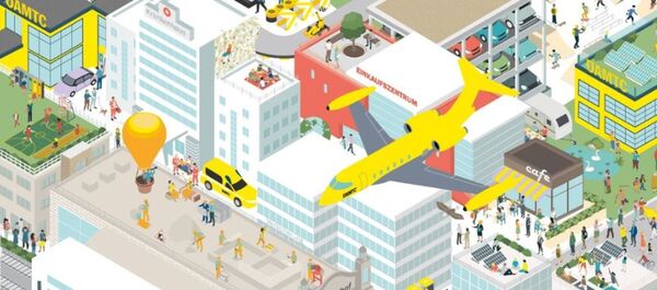 Wimmelbild- Grafik. Zu sehen ist der Ausschnitt einer Stadt aus der Vogelperspektive mit vielen kleinen Einzelheiten, unter anderem auch ÖAMTC Pannendienst, Stützpunkt und Hubschrauber.