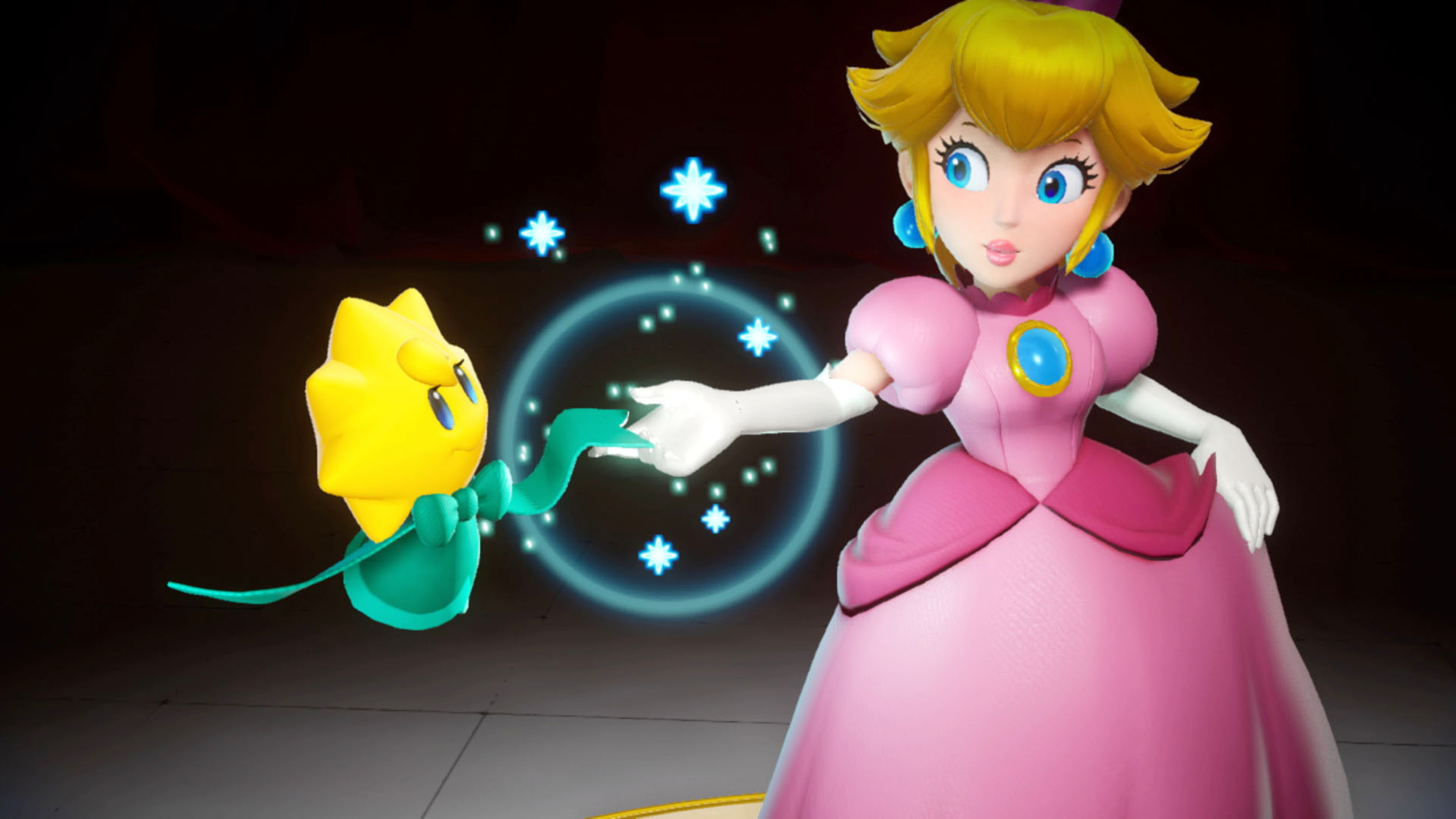 Videospielfigur Princess Peach hält die Hand einer gelben Blume.