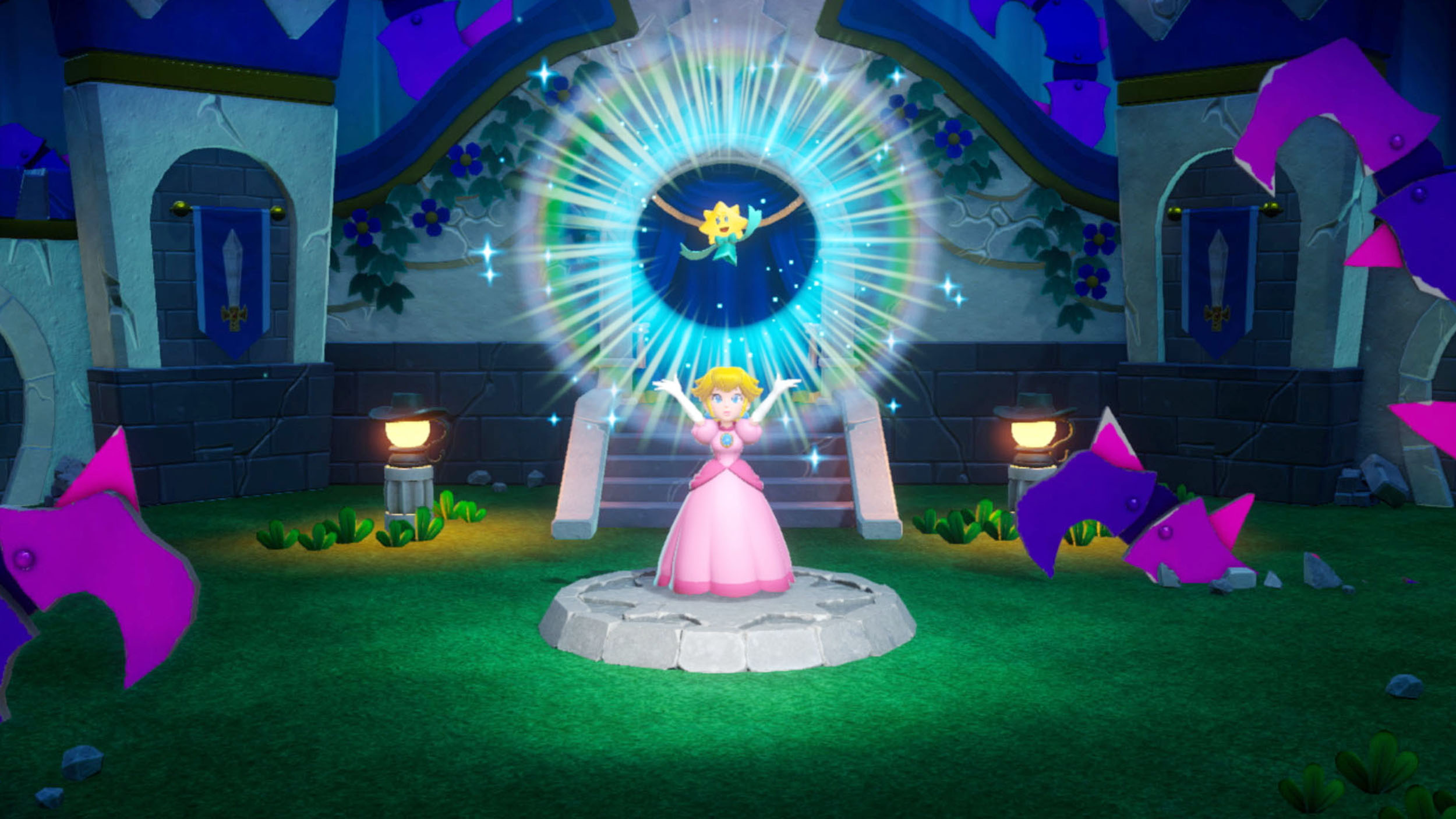 Videospielfigur Princess Peach steht in rosa Kleid mit erhobenen Armen, über ihr fliegt eine Blume.