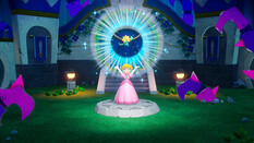 Videospielfigur Princess Peach steht in rosa Kleid mit erhobenen Armen, über ihr fliegt eine Blume.