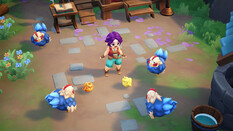 Videospielfigur umringt von Farmtieren.