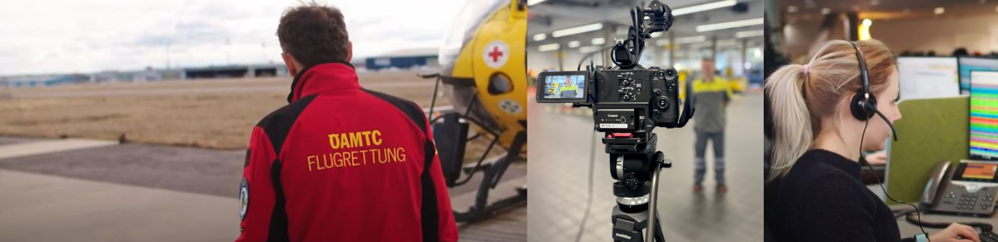Eine Fotocollage: Links ein Flugrettungspilot von hinten, während er auf den Hubschrauber zugeht, in der Mitte eine Kamera, rechts eine Kollegin mit Headset, die vor einem Bildschirm sitzt.
