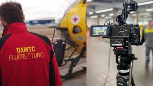 Eine Fotocollage: Links ein Flugrettungspilot von hinten, während er auf den Hubschrauber zugeht, in der Mitte eine Kamera, rechts eine Kollegin mit Headset, die vor einem Bildschirm sitzt.