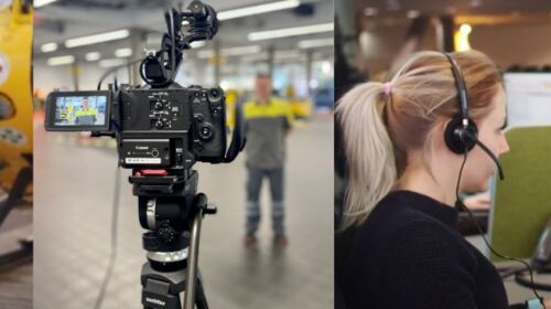 Eine Fotocollage: Links ein Flugrettungspilot von hinten, während er auf den Hubschrauber zugeht, in der Mitte eine Kamera, rechts eine Kollegin mit Headset, die vor einem Bildschirm sitzt.