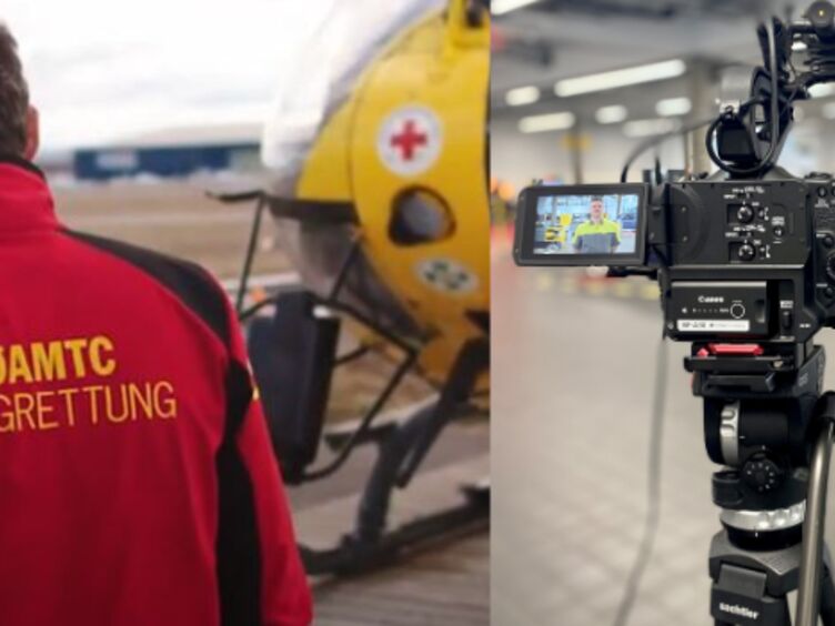 Eine Fotocollage: Links ein Flugrettungspilot von hinten, während er auf den Hubschrauber zugeht, in der Mitte eine Kamera, rechts eine Kollegin mit Headset, die vor einem Bildschirm sitzt.