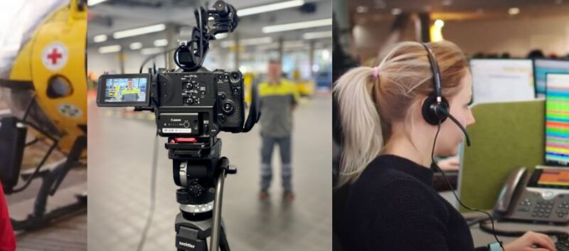 Eine Fotocollage: Links ein Flugrettungspilot von hinten, während er auf den Hubschrauber zugeht, in der Mitte eine Kamera, rechts eine Kollegin mit Headset, die vor einem Bildschirm sitzt.