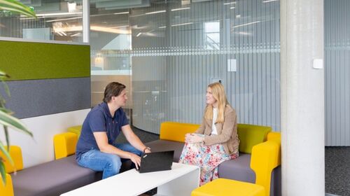 Im Bürobereich. Im Vordergrund links eine Pflanze. in der Mitte eine gelb-graue Couch auf der zwei Personen sitzen. Ein Mann mit dunklem T-Shirt und Jeans und eine Frau in einem gemusterten Kleid. Sie reden miteinander. Vor ihnen, auf einem weißen Couchtisch, steht ein Laptop. Im Hintergrund geht eine Frau mit rosa Hose und weißem Top an ihnen vorbei.