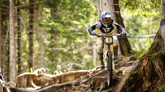 Vali Höll in Action bei einem Mountainbikerennen im Wald.