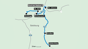 Karte, die den mobilen Alltag von Hauskrankenpflegerin Heidi in St. Johann/Pg. und Umgebung zeigt.