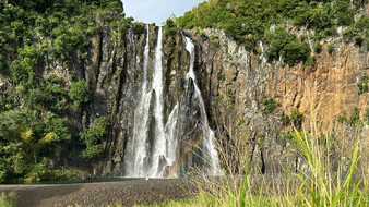 Wasserfall umgeben von Büschen und Bäumen