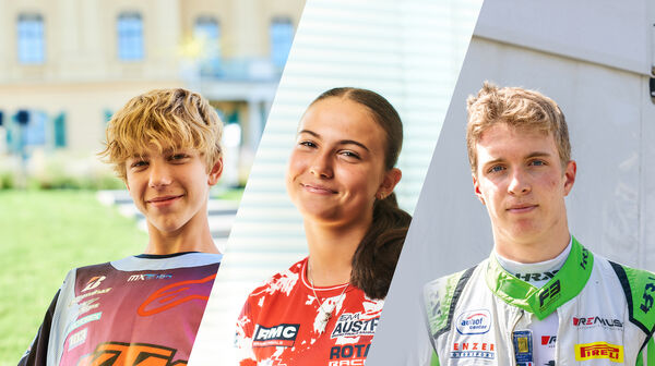 Drei junge Motorsportler im Porträt.
