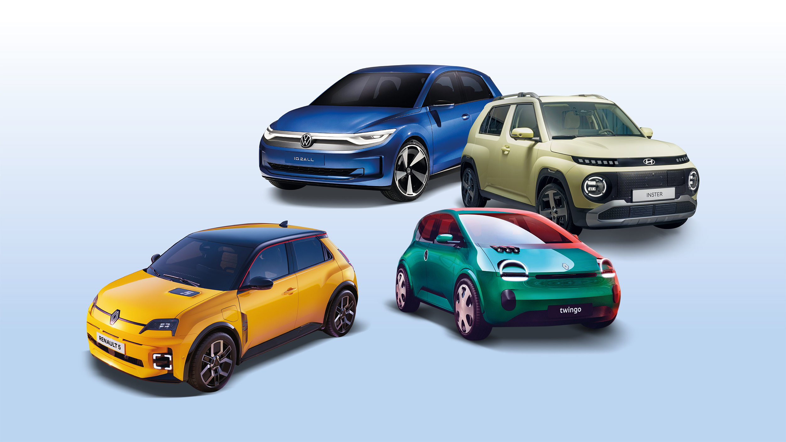 Vier Autos in verschiedenen Farben als Collage vor einem hellen Hintergrund