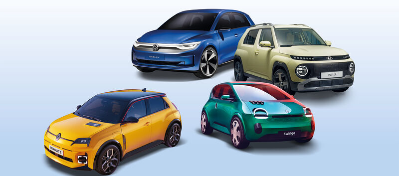 Vier Autos in verschiedenen Farben als Collage vor einem hellen Hintergrund