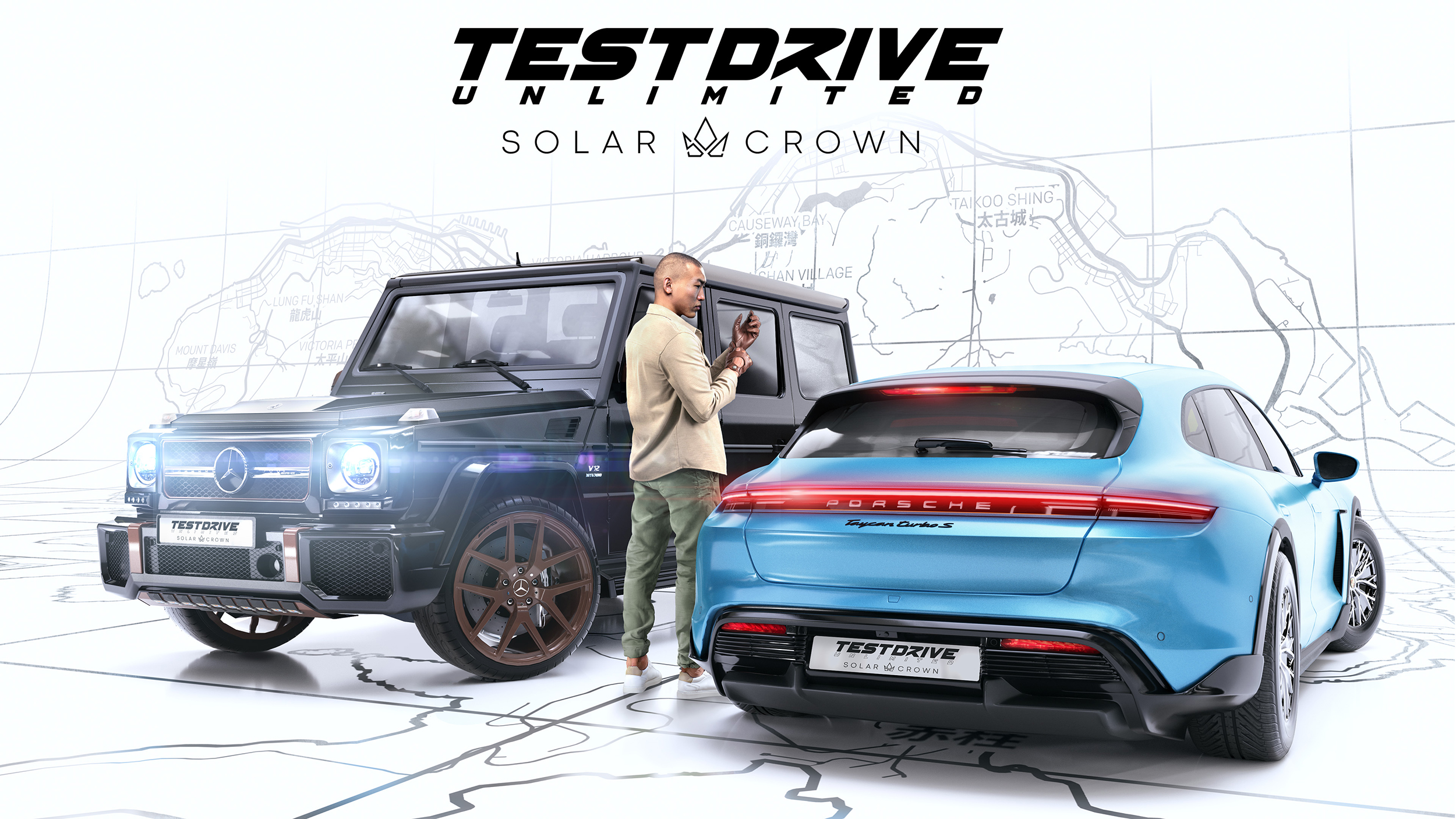 Screenshot aus dem Spiel Testdrive Unlimited: Solar Crown. Startbildschirm und Logo des Spiels.